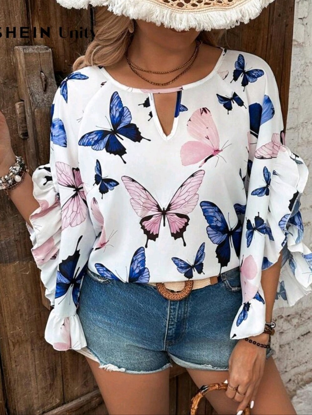 White Butterfly Print Keyhole Ruffle Sleeve Blouse